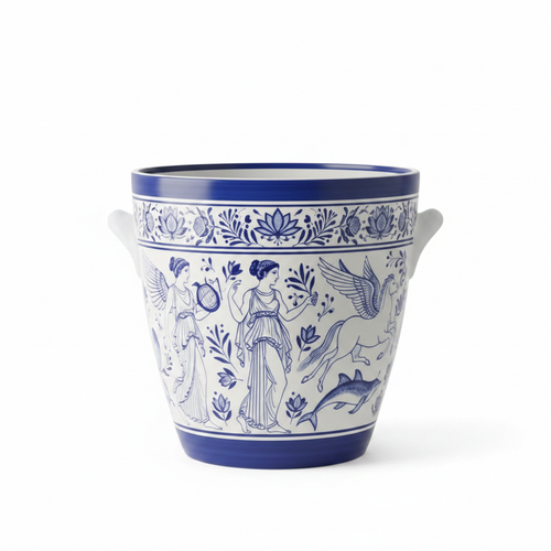 Cache-pot en céramique bleue et blanche avec motifs mythologiques