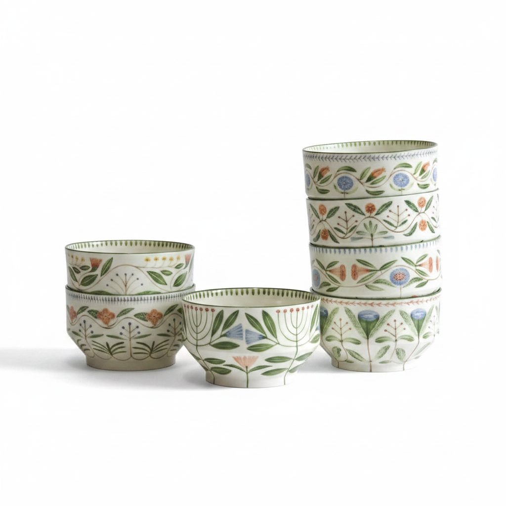 Lot de bols et tasses en céramique florale peints à la main