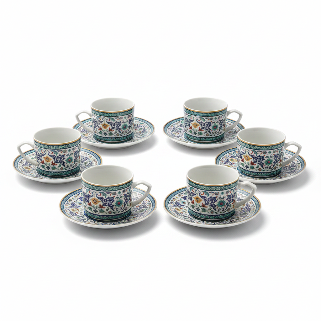 Coffret 6 tasses à café en porcelaine avec motifs floraux